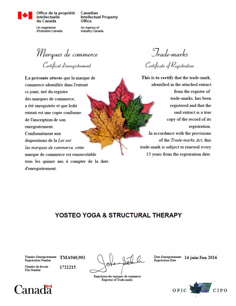 Yosteo Yoga & Structural Therapy Trademark Certificate for Adnan Osteopathy